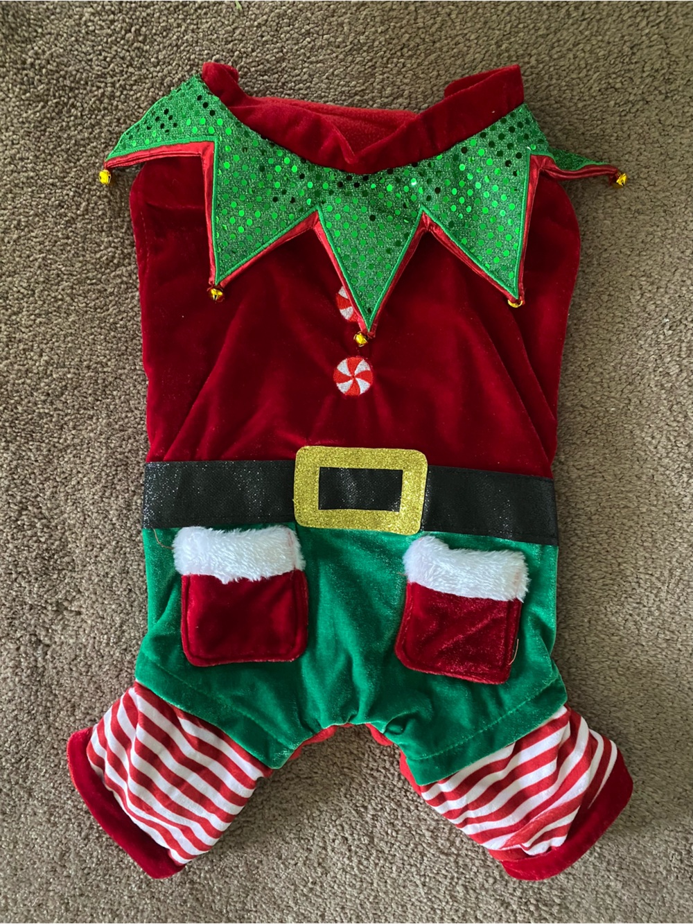Adorable dog Holiday Elf Costume!  Plush and velvet. Size medium.